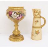 Early 20th century blush ivory Royal Worcester tall slender water jug with flower detail gilt handle
