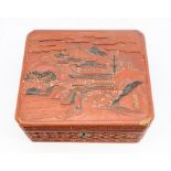 A carved wooden box depicting Japanese landscape, containing a collection of costume jewellery to