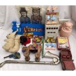 Vintage toy collection to include tinplate, wooden and plastic toys along with four empty boxes. .