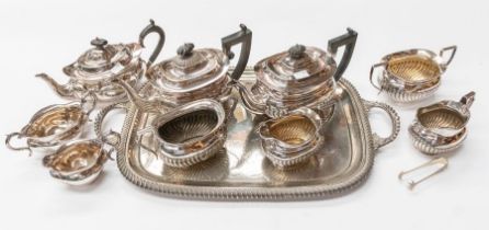 Two Georgian style three piece plated tea sets and another tea set, similar, stamped together with a