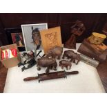 Collection of treen items i.e. boxes, figures, elephants, dagger along with Indian prints, wood