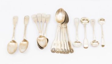 A collection of 19th Century tea and mustard spoons to include: a set of six Victorians fiddle and
