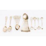 A collection of 19th Century tea and mustard spoons to include: a set of six Victorians fiddle and