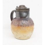 A Victorian salt glazed "Harvest" large pitcher jug, with copper cover, the body applied with hounds