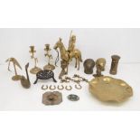 Collection of brass wares - Deco candlesticks, American Indian Heads and Figure on Horse, Tap
