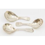 Three various George III silver fiddle pattern caddy spoons, all hallmarked with Leopard's head