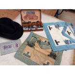 Masonic aprons, vanity case, vintage gents hat and cigarette cards