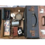 Two vintage travel cases, silver plated wares, vintage camera and boxed Stanley hand drill