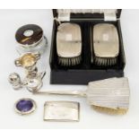 A collection of silver items to include a silver and tortoiseshell lidded glass vanity jar,