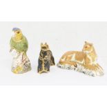 Three Riyal Crown Derby boxed gold stopper paperweights - Harrods Scottish Terrier, Amazon Green