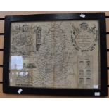 A 17th Century county map of Nottinghamshire by John Speed glazed in wooden frame, 38 x 52cm, some