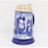 Continental early to mid 20th century blue and white tankard with 925 silver lid with monks wine