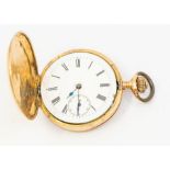 A 14ct gold hunter pocket watch, white enamel dial roman numeral markers, case approx 48mm, 7.6gms