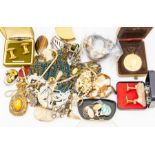 A collection of costume jewellery, to include a silver watch fob chain, silver gilt medallion