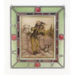 An Edwardian stained glass panel the centre depicting a Jester holding a child aloft with a dog at
