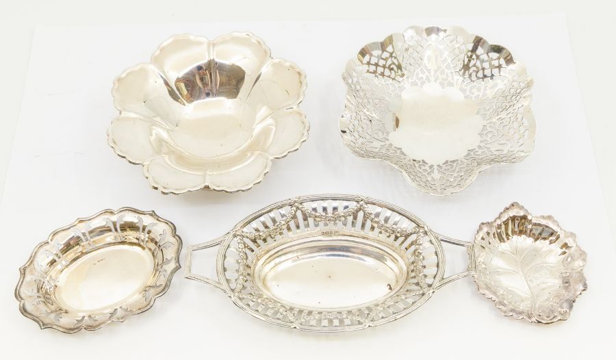 Five various early 20th Century silver bon bon dishes, all hallmarked various dates and makers,