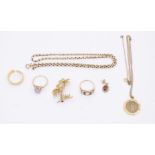 A collection of 9ct gold jewellery to include a palm tree pearl set brooch, a St Christopher on fine