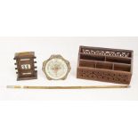 A collectors lot to include; hardwood Indian desk tidy, 1930's desk calendar with 1950's clock and