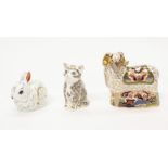 Three Royal Crown Derby Gold Stopper paperweights, Imari Ram, Bunny & Majestic Kitten