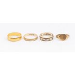 Four gold rings including a 22ct gold band, size N, weight approx  3.2gms along with a 9ct gold