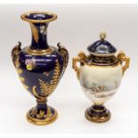 A late 19th Century cobalt blue and gilt vase, good condition and a Coalport hand painted vase