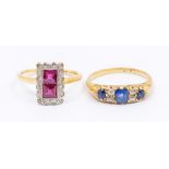 A Victorian sapphire doublet and diamond 18ct gold ring, comprising three cushion shaped sapphire