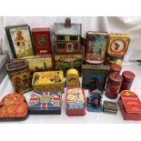 Vintage tinplate Money Boxes and Tins to include Chad Valley , Happnak, Festival of Britain Magic