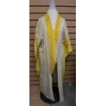 A beige and lemon cheese cloth 1930’s dressing robe, seem under arm needs repair, Scoll design on