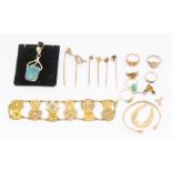 A collection of 9ct gold jewellery including a pair of emerald and 9ct gold studs, along with 9ct