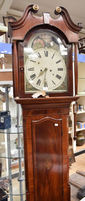 George III long case clock, 8 day, painted arched dial, no name or makers mark, moon and marine