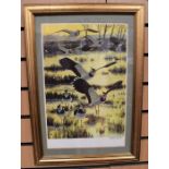 A print of lapwings by renowned wildlife artist Robert Gillmor, hand-signed in pen l r by the artist