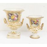 Two early 19th century twin-handled Derby mantel vases, one large, one small with flower still lifes