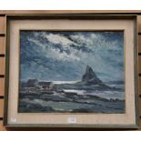 E Charlton Taylor (British 20th Century) oil on board of Holy Island under heavy skies, 30 x 40cm,