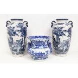 A pair of 20th Century blue and white transfer print large vases, together with a blue and white