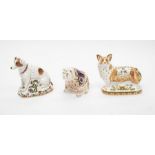 Three Royal Crown Derby Gold Stopper paperweights. Royal Corgi, Jack Russell & Bull Dog.