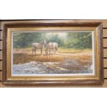 Frank Wright (20th Century) Cooling Down (Horses) oil on canvas, 39 x 74.5 cm  signed, label verso