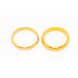 Two 22ct gold bands, widths aprox 4mm and 3mm, both size N, weight approx 10gms,  Further details: