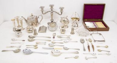 Two boxes of silver plated items including a four piece tea set with tray, other teapots, candle,