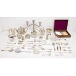 Two boxes of silver plated items including a four piece tea set with tray, other teapots, candle,