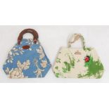 A very rare Mulberry fabric bag with two wooden handles. The design is of a sky-blue fabric with a