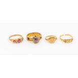 Four gold rings to include a Victorian 18ct gold diamond and ruby ring (a/f cut through at the back)