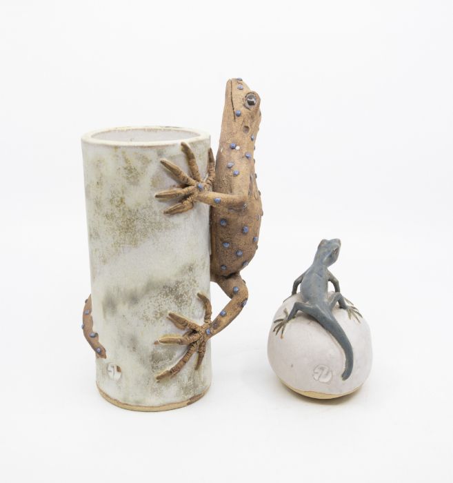 Studio pottery; a vase with lizard and a sculpture of a lizard on a rock (potters monogram) - Image 2 of 3