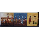 A collection of three contemporary African canvases depicting figures in landscapes (3)