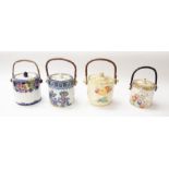 Four Losol ware early 20th century biscuit barrels, mixed patterns and cane handles