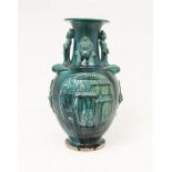 Decorative early to mid 20th Century Korean clay vase, depicting family unity, green in colour,