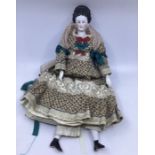 China German  19thC Glazed 42cm Lady doll with shoulder head , detailed painted blue eyes ,