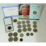 Quantity of assorted coins to include 9 £5 commemorative coins , an Isreal jubilee medallion ,