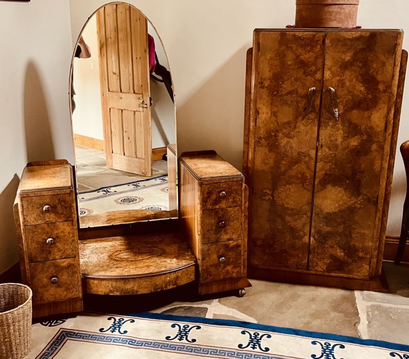 An Art Deco burr walnut bedroom suite with a his & hers wardrobes and dressing table (3) ***