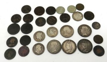 A collection of coins Coins to include 4 Queen Victoria crowns and 2 half crowns , a George III