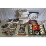 A large collection of Franklin mint and other collectors plates , a group of ceramic flowers in pots